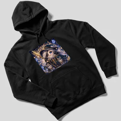 Kawaii print of Cutie Odin with two wolves in blue, gold, gray, and white — printed on a unisex hoodie