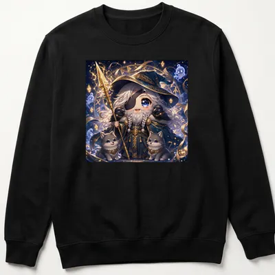 Kawaii print of Cutie Odin with two wolves in blue, gold, gray, and white — printed on a unisex sweatshirt