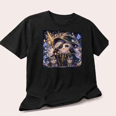 Kawaii print of Cutie Odin with two wolves in blue, gold, gray, and white — printed on a unisex t-shirt (angled view)