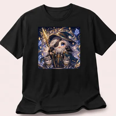 Kawaii print of Cutie Odin with two wolves in blue, gold, gray, and white