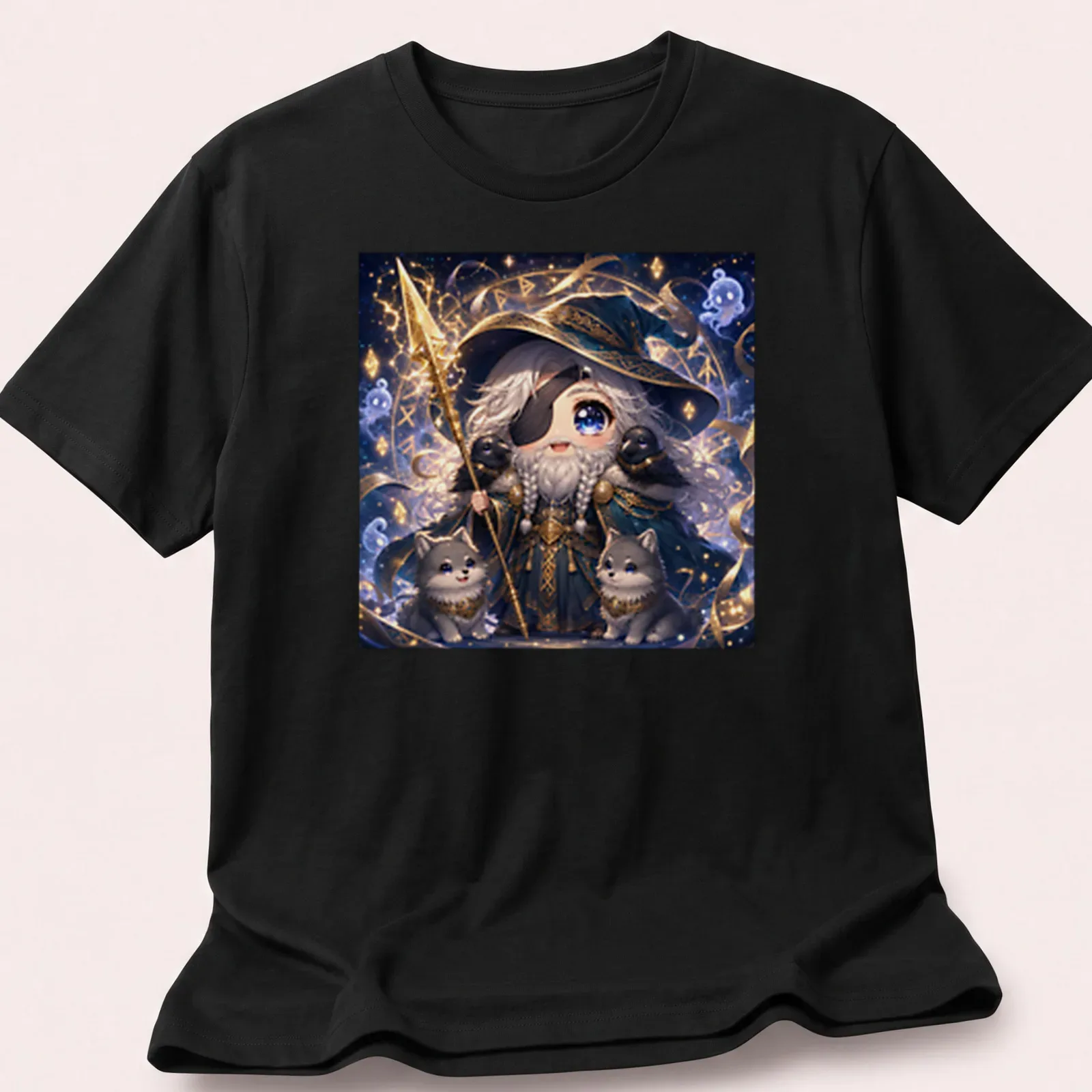 Kawaii print of Cutie Odin with two wolves in blue, gold, gray, and white — printed on a unisex t-shirt