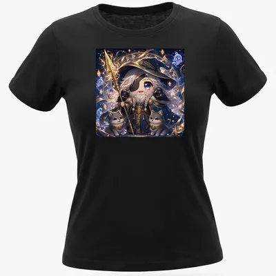 Kawaii print of Cutie Odin with two wolves in blue, gold, gray, and white — printed on a women's shirt