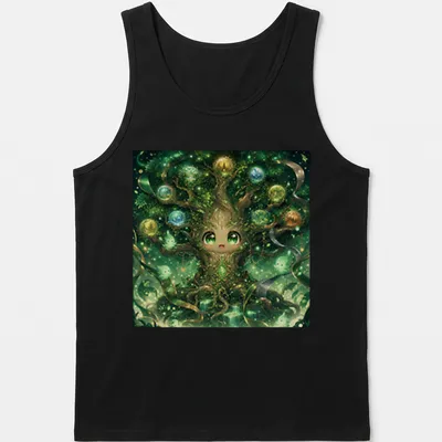 Kawaii design featuring a cute Yggdrasil tree character with playful colors — printed on a tank top