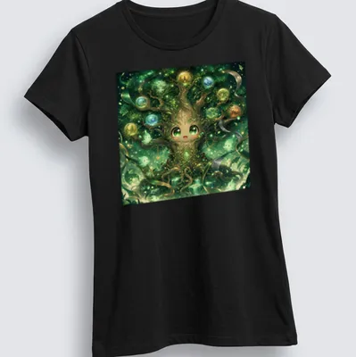 Kawaii design featuring a cute Yggdrasil tree character with playful colors — printed on a women's shirt