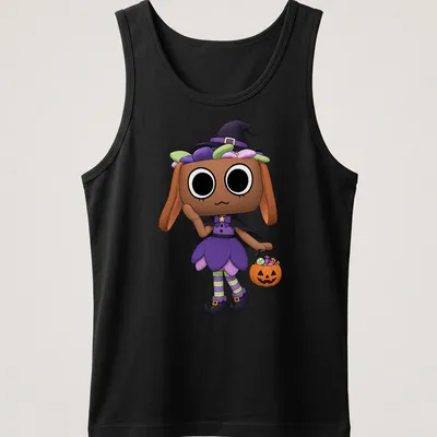 Kawaii cute witch holding a pumpkin basket in purple, green, black, orange, and pink — printed on a tank top