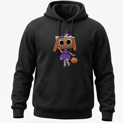 Kawaii cute witch holding a pumpkin basket in purple, green, black, orange, and pink — printed on a unisex hoodie