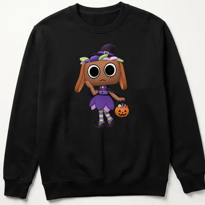 Kawaii cute witch holding a pumpkin basket in purple, green, black, orange, and pink — printed on a unisex sweatshirt