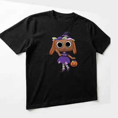 Kawaii cute witch holding a pumpkin basket in purple, green, black, orange, and pink — printed on a unisex t-shirt (angled view)