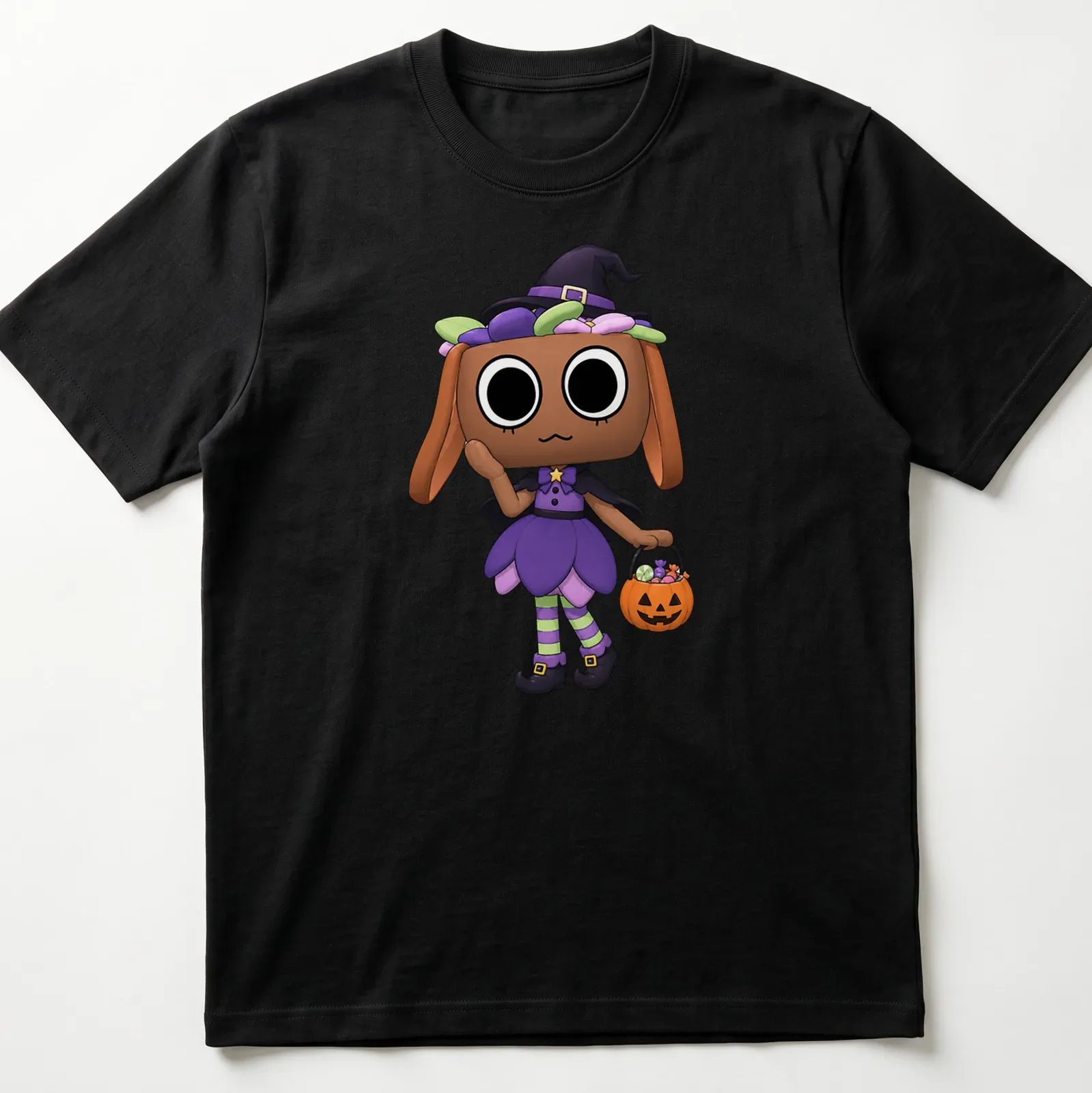 Kawaii cute witch holding a pumpkin basket in purple, green, black, orange, and pink — printed on a unisex t-shirt