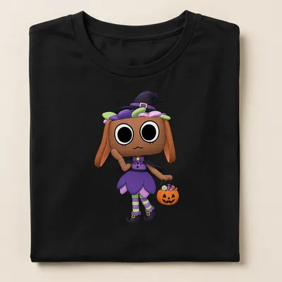 Kawaii cute witch holding a pumpkin basket in purple, green, black, orange, and pink — printed on a women's shirt