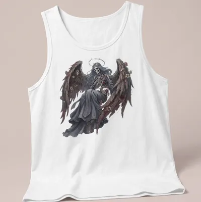 Skeleton angel with feathered wings in fantasy art style with roses — printed on a tank top