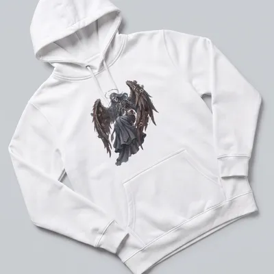 Skeleton angel with feathered wings in fantasy art style with roses — printed on a unisex hoodie