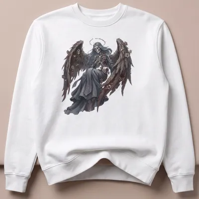 Skeleton angel with feathered wings in fantasy art style with roses — printed on a unisex sweatshirt