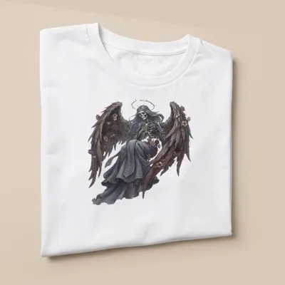 Skeleton angel with feathered wings in fantasy art style with roses — printed on a unisex t-shirt (angled view)