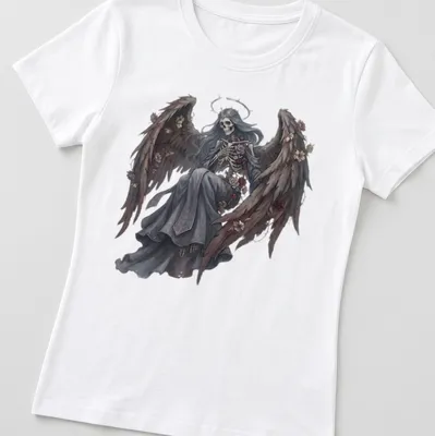 Skeleton angel with feathered wings in fantasy art style with roses — printed on a women's shirt