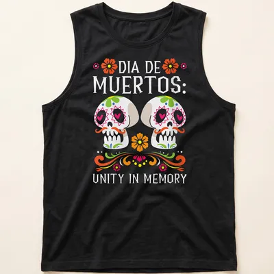 Colorful sugar skulls design with text Dia De Muertos: Unity In Memory — printed on a tank top