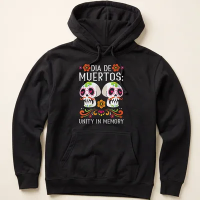Colorful sugar skulls design with text Dia De Muertos: Unity In Memory — printed on a unisex hoodie