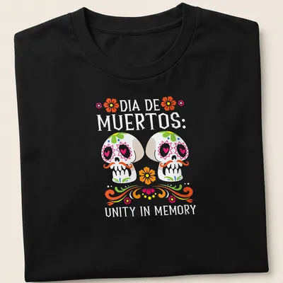 Colorful sugar skulls design with text Dia De Muertos: Unity In Memory