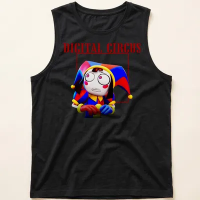 Colorful cartoon character from Digital Circus with bold text — printed on a tank top