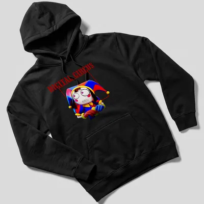 Colorful cartoon character from Digital Circus with bold text — printed on a unisex hoodie