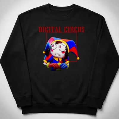 Colorful cartoon character from Digital Circus with bold text — printed on a unisex sweatshirt