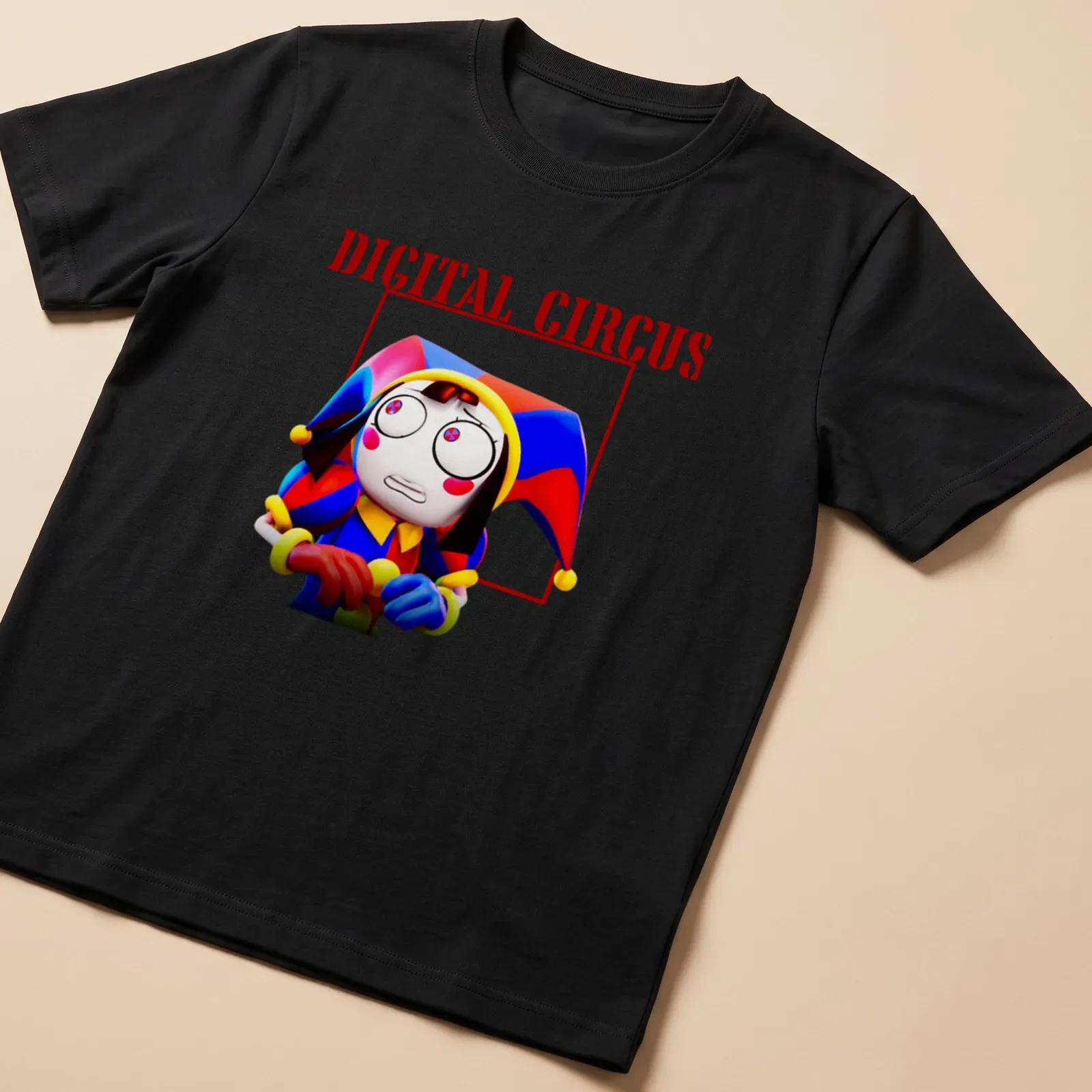 Colorful cartoon character from Digital Circus with bold text — printed on a unisex t-shirt