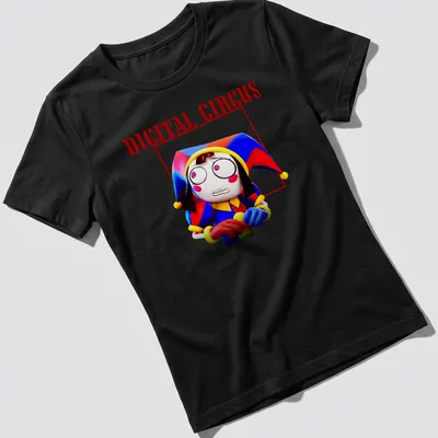 Colorful cartoon character from Digital Circus with bold text — printed on a women's shirt