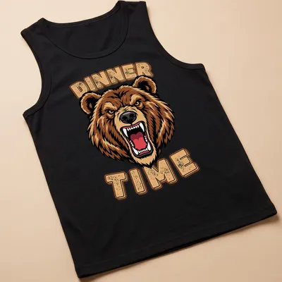 Bold cartoon bear illustration with the text 'DINNER TIME' above in brown and gold — printed on a tank top