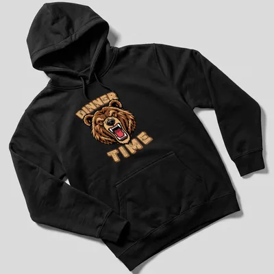 Bold cartoon bear illustration with the text 'DINNER TIME' above in brown and gold — printed on a unisex hoodie