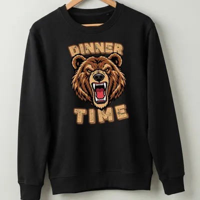 Bold cartoon bear illustration with the text 'DINNER TIME' above in brown and gold — printed on a unisex sweatshirt