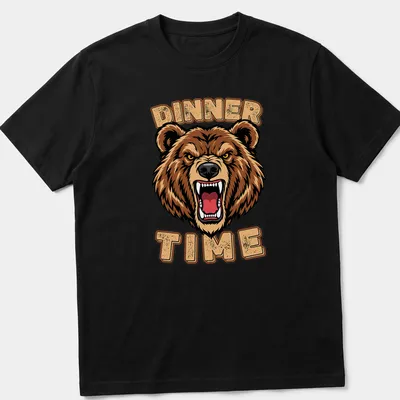 Bold cartoon bear illustration with the text 'DINNER TIME' above in brown and gold