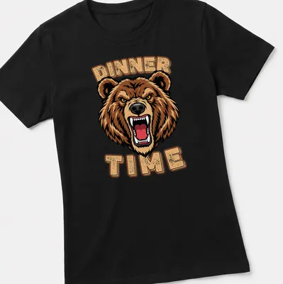 Bold cartoon bear illustration with the text 'DINNER TIME' above in brown and gold — printed on a women's shirt