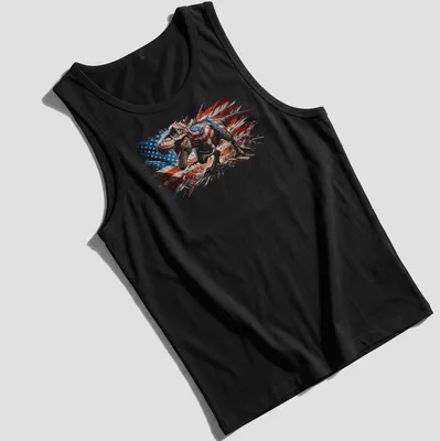 Detailed illustration of a dinosaur with an American flag in red, white, and blue — printed on a tank top