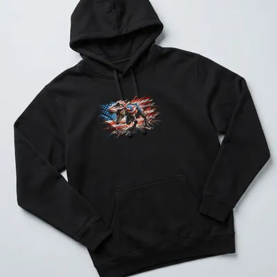 Detailed illustration of a dinosaur with an American flag in red, white, and blue — printed on a unisex hoodie
