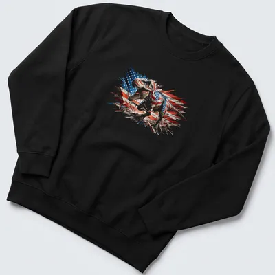 Detailed illustration of a dinosaur with an American flag in red, white, and blue — printed on a unisex sweatshirt