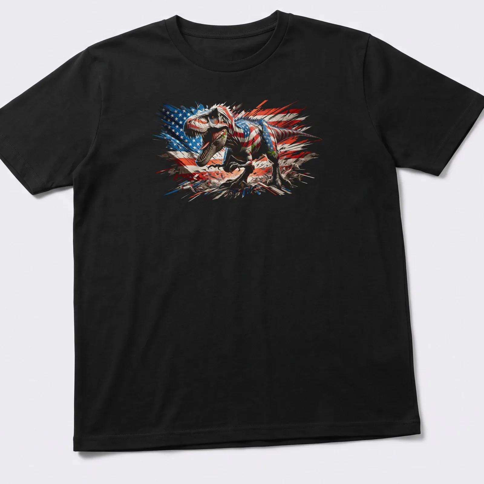 Detailed illustration of a dinosaur with an American flag in red, white, and blue — printed on a unisex t-shirt