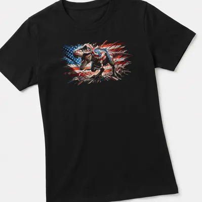 Detailed illustration of a dinosaur with an American flag in red, white, and blue — printed on a women's shirt