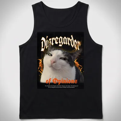 Bold gothic print with a cat and text 'Disregarder of Opinions' in black, orange, and white. — printed on a tank top