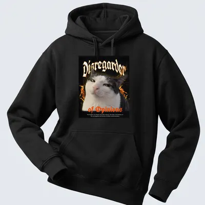 Bold gothic print with a cat and text 'Disregarder of Opinions' in black, orange, and white. — printed on a unisex hoodie