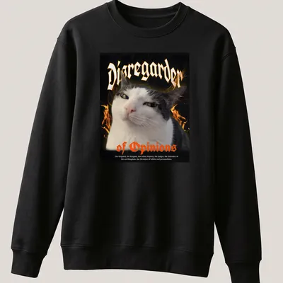 Bold gothic print with a cat and text 'Disregarder of Opinions' in black, orange, and white. — printed on a unisex sweatshirt