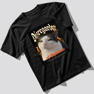 Bold gothic print with a cat and text 'Disregarder of Opinions' in black, orange, and white.