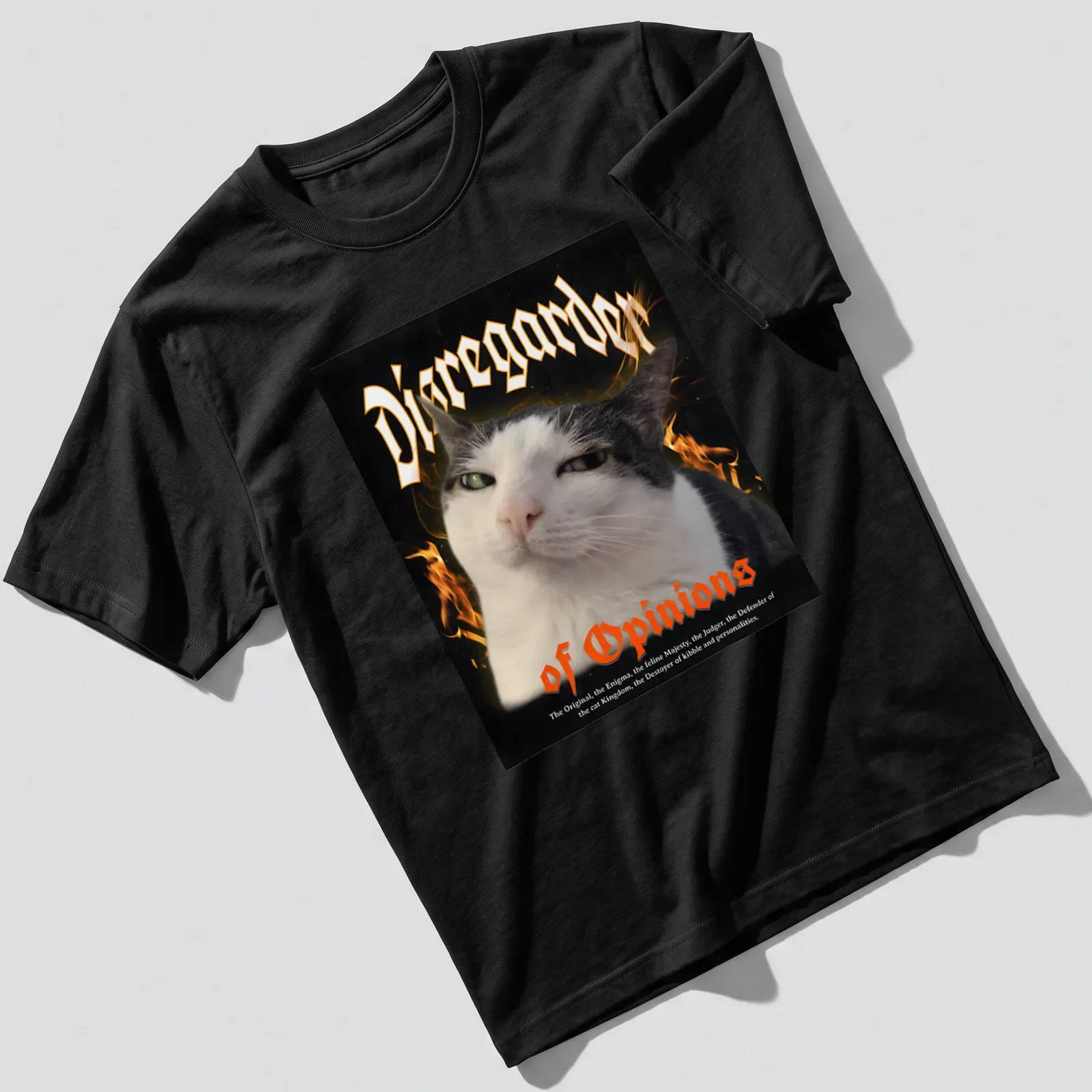 Bold gothic print with a cat and text 'Disregarder of Opinions' in black, orange, and white. — printed on a unisex t-shirt