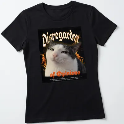 Bold gothic print with a cat and text 'Disregarder of Opinions' in black, orange, and white. — printed on a women's shirt