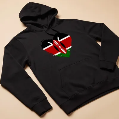 Distressed T-shirt featuring the Kenya flag in a heart shape — printed on a unisex hoodie
