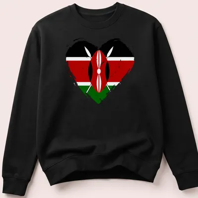Distressed T-shirt featuring the Kenya flag in a heart shape — printed on a unisex sweatshirt