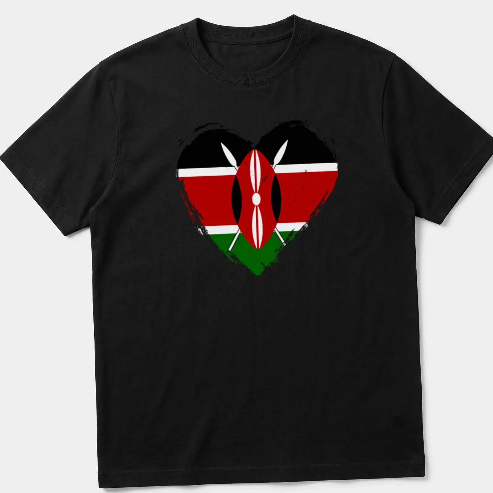 Distressed T-shirt featuring the Kenya flag in a heart shape — printed on a unisex t-shirt