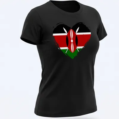 Distressed T-shirt featuring the Kenya flag in a heart shape — printed on a women's shirt