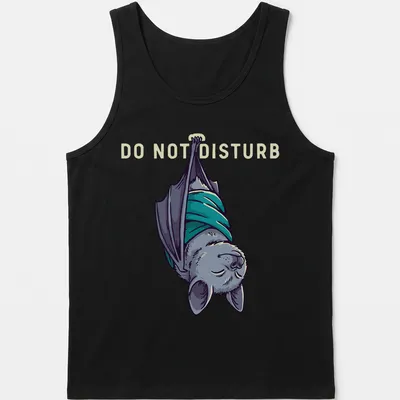 Cartoonish sleeping bat graphic with 'DO NOT DISTURB' text above in gray and teal — printed on a tank top
