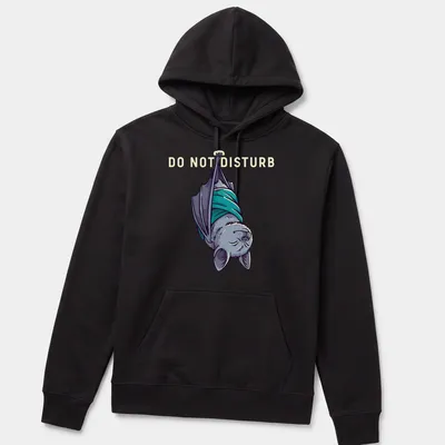 Cartoonish sleeping bat graphic with 'DO NOT DISTURB' text above in gray and teal — printed on a unisex hoodie