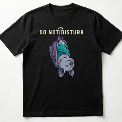 Cartoonish sleeping bat graphic with 'DO NOT DISTURB' text above in gray and teal